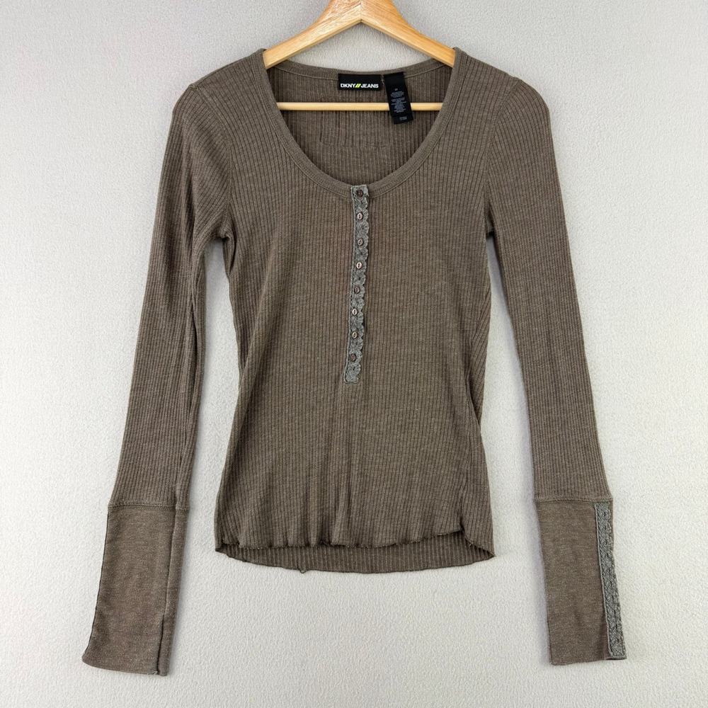 DKNY Jeans Henley Thermal Top Women M Brown Ribbed Long Sleeve Lace Y2K